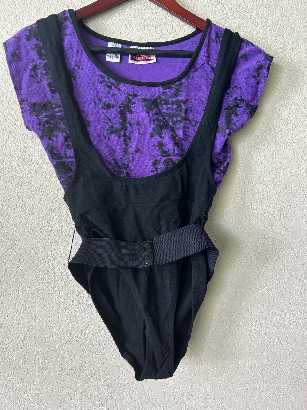 NWT BONNIE AUGUST Vintage ‘80’s Purple Tie-Dye Bodysuit with Black Overlay, Sz L